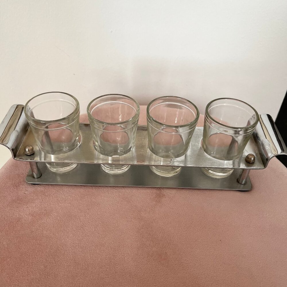 Vintage MCM Shot Glasses With Stainless Steel Carrier